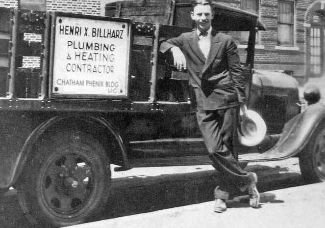Henri X Billharz with his plumbing truck, circa 1920s